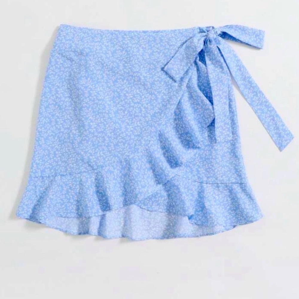 Light Blue Floral Ruffle Wrap Mini Skirt